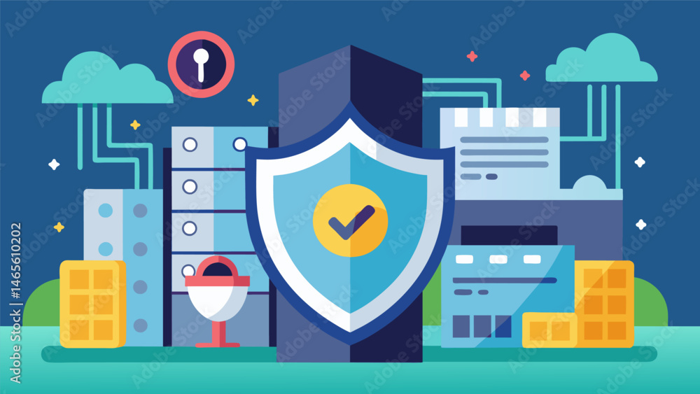 Poster a data stronghold that employs tingedge technology to prevent unauthorized access.. vector illustrat