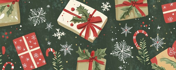 Christmas seamless pattern with gift boxes and snowflakes on green background