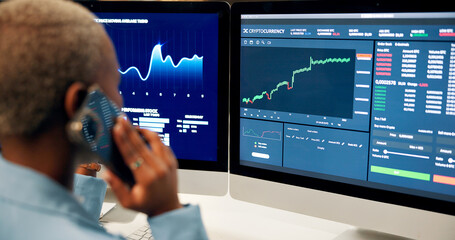 Stock market, computer screen and woman with phone call in office at night for investment negotiation. Cellphone, contact and female trader with discussion for financial statistics, graphs or charts.