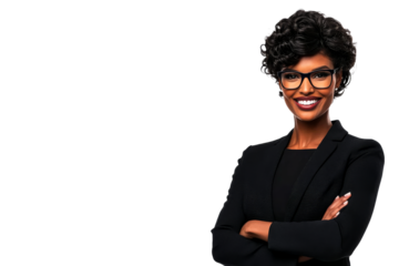 Smiling African businesswoman in suit with arms crossed, cut out transparent