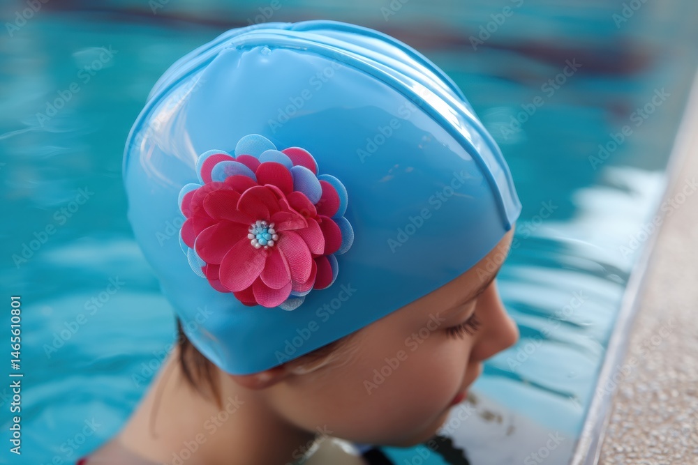 Poster retro swimming cap with flower detail enhances the experience by the poolside during a sunny afterno