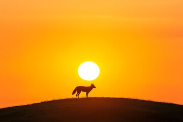 Naklejka premium Sunset Silhouette of a Canine - A lone canine stands silhouetted against a vibrant orange sunset, the sun a bright circle behind it