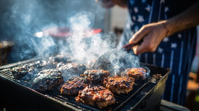 Sizzling burgers on the grill, surrounded by smoke, capturing the essence of outdoor gatherings and patriotism for Memorial Day.