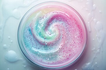 A swirling, pastel-colored, glittery bath bomb in a glass bowl, surrounded by foam.