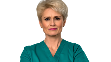 Worried looking mature woman wearing scrubs, cut out transparent