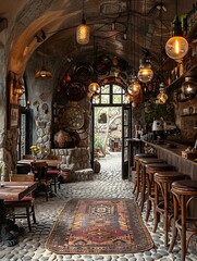 Obraz premium Interior photo of an atmospheric and cozy cafe with stone walls and antique decorations