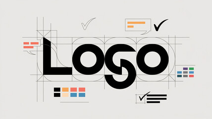 Geometric logo design mockup, showcasing a stylized "LOGO" wordmark within a grid, illustrating design process and brand identity creation