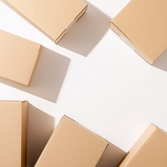 Cardboard shipping boxes scattered on a white background, flat lay composition symbolizing delivery, packaging, and logistics