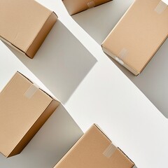 Cardboard shipping boxes scattered on a white background, flat lay composition symbolizing delivery, packaging, and logistics
