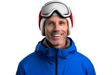 Fototapeta premium Smiling man in ski jacket and goggles, ready for slope, cut out transparent