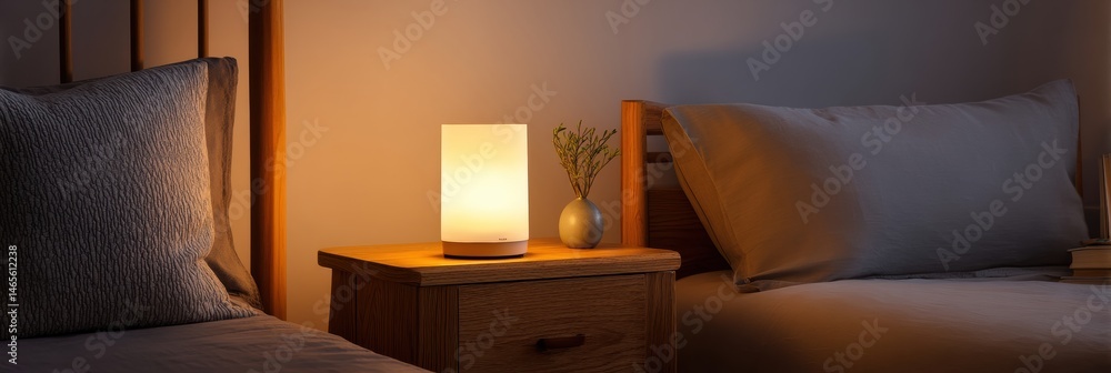 Aufkleber cozy nightlight illuminating wooden nightstand beside soft bedding in a serene nighttime setting gen