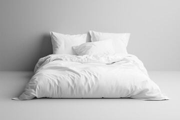 Łóżko z białą pościelą i trzema poduszkami na białym tle. Pościel lekko pognieciona, dodaje realistycznego wyglądu. Minimalistyczny styl, elegancja i komfort.