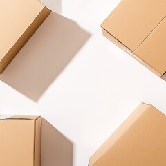 Cardboard shipping boxes scattered on a white background, flat lay composition symbolizing delivery, packaging, and logistics