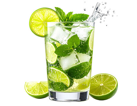 Mojito cocktail splash with mint and lime on transparent background, png