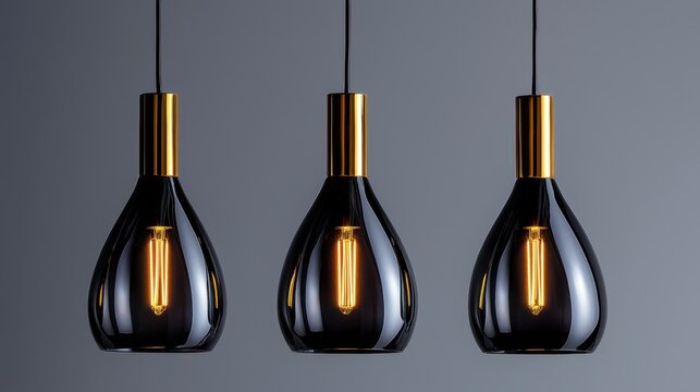 Three black light bulbs hanging from a ceiling
