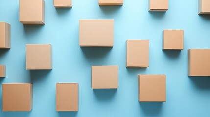 Multiple cardboard boxes on a blue background, concept of shipping and logistics
