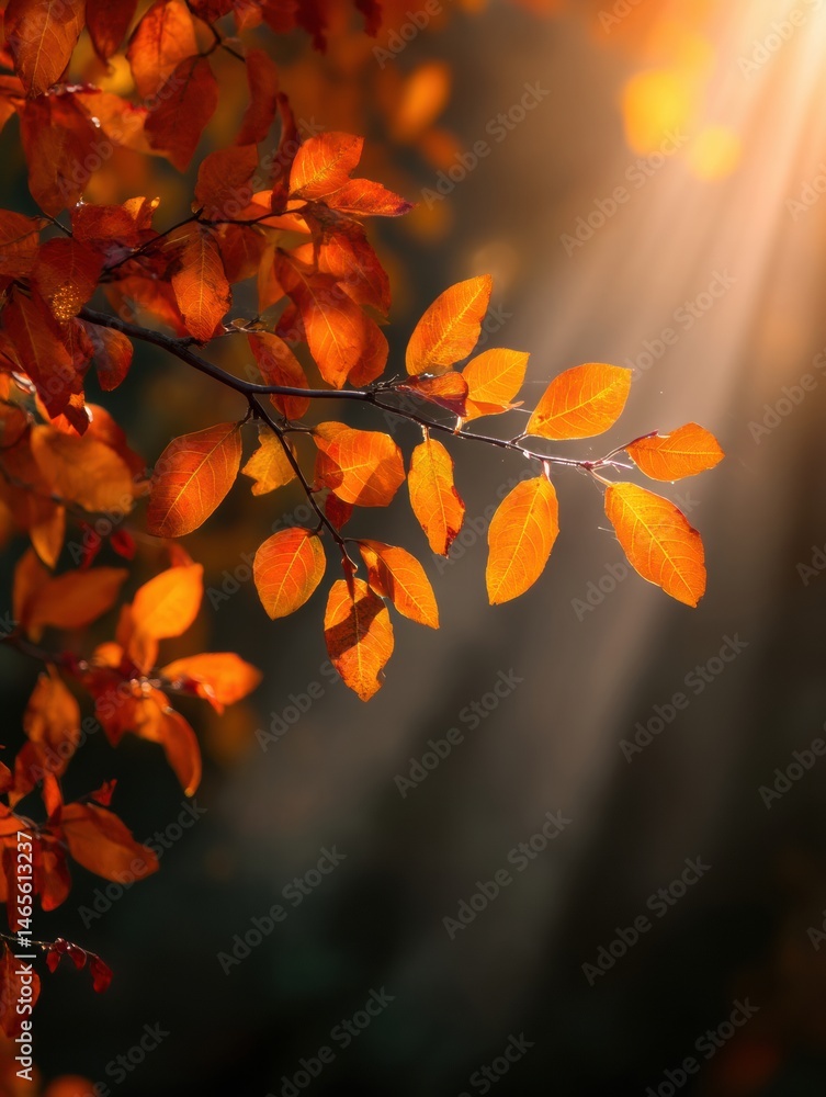 Aufkleber bright orange foliage illuminated by warm sunrays in a soft focused background during autumn generat