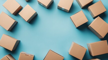 Multiple cardboard boxes on a blue background, concept of shipping and logistics
