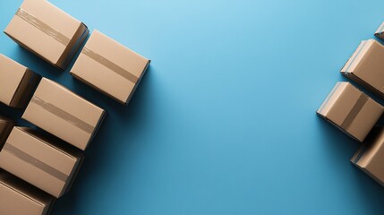 Multiple cardboard boxes on a blue background, concept of shipping and logistics
