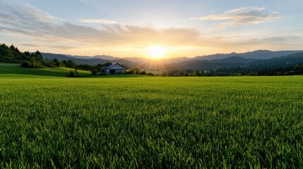 A large field of grass with a house in the background