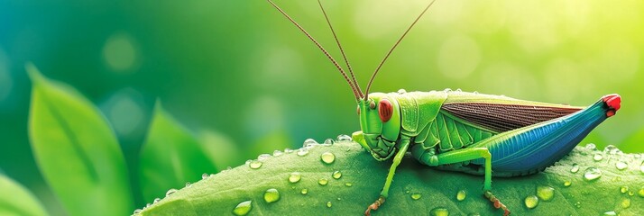 Fototapeta premium Vibrant Grasshopper on Dew-Kissed Leaf - A close-up of a vividly colored grasshopper perched on a green leaf covered in morning dew. Nature, insect, macro