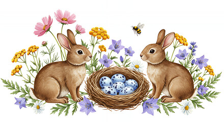 Watercolor easter bunnies with nest and eggs surrounded by flowers spring season decoration illustration on transparent background silhouette