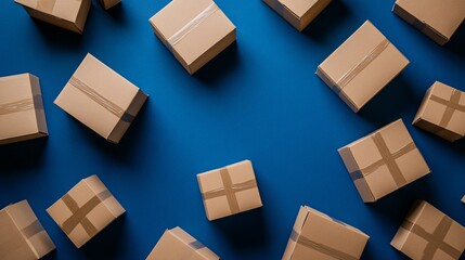 Multiple cardboard boxes on a blue background, concept of shipping and logistics
