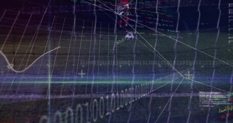 Male soccer player striking ball in goal area, displaying sports analytics line chart overlays - Powered by Adobe