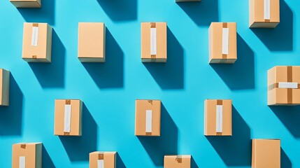 Multiple cardboard boxes on a blue background, concept of shipping and logistics
