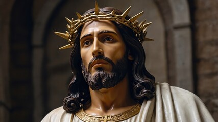 Close-up of a Serene Jesus Christ Statue with a Crown of Thorns and Gentle Expression