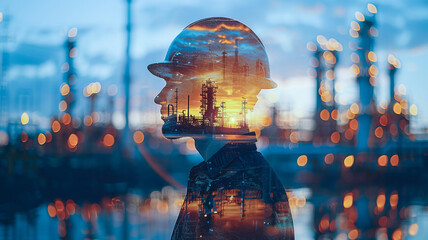 Banner Petrochemical oil AI technologies, gas electricity engineering project devotion with double exposure design. Toning blue and sunlight color.