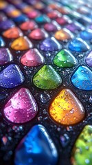 Colorful, glistening droplets on dark surface