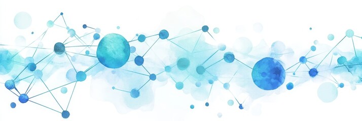 Watercolor Abstract Connected Dots on Bright Blue - Abstract watercolor painting of interconnected dots and lines, symbolizing network, connection, communication, technology