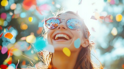 A joyful young woman surrounded by colorful confetti.
