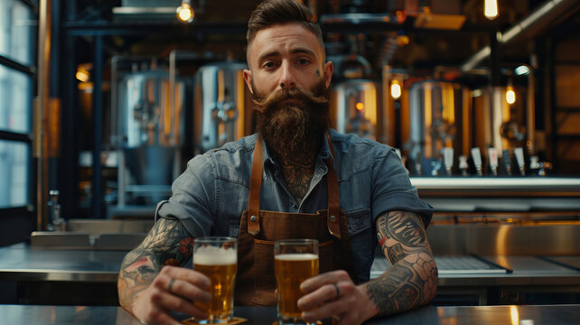 Hipster Craft Beer Brewer Offering a Fresh Pint at the Brewery