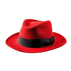 Red fedora hat with black band isolated on transparent background
