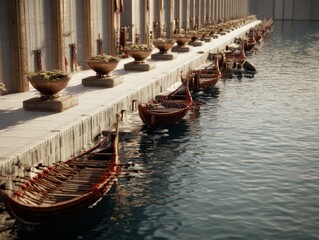 Serene harbor view of rowboats docked along an ancient-style stone pier with decorative flower pots lining the edge on a sunny day.