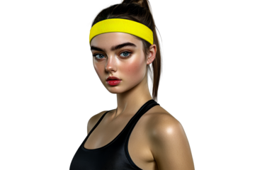 Young woman with yellow headband portrait, fitness look, cut out transparent