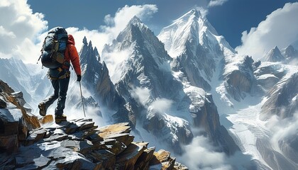 Fearless climber reaching for the sky, epic journey through majestic snow-covered mountains