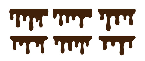 Set of hand drawn horizontal drip of chocolate, glaze, milk, ice cream, gelato, syrup. Outline, silhouette of dripping drop from cake, dessert, isolated on white background in flat style. Vector EPS10