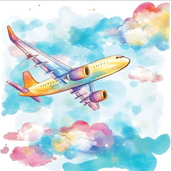 Obraz premium A playful watercolor illustration of a cartoonish cargo plane flying over fluffy clouds with a loose artistic brushstroke style The plane has exaggerated proportions big cockpit tin