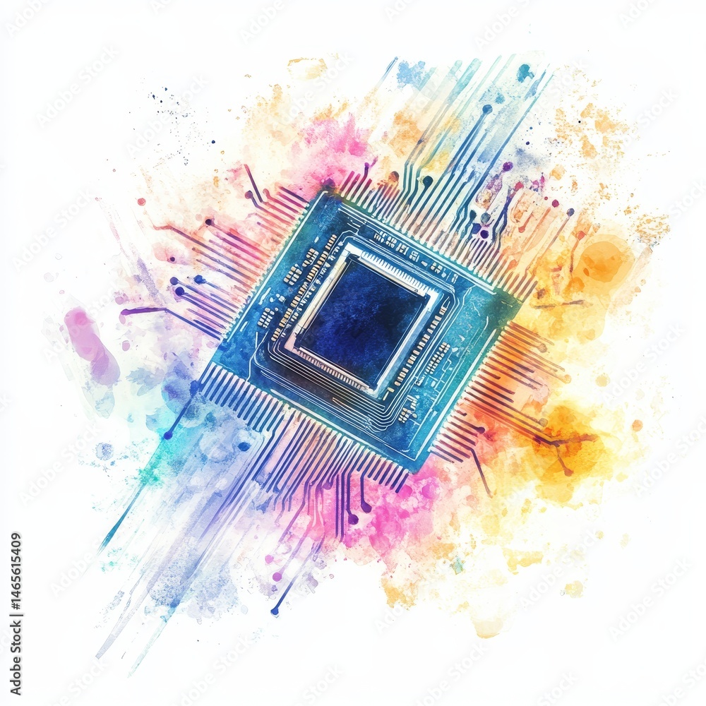 Poster watercolor circuit microchip abstract - abstract artwork depicting a microchip with watercolor splas