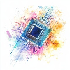 Watercolor Circuit Microchip Abstract - Abstract artwork depicting a microchip with watercolor splash effect. Symbolizes technology, innovation, progress, connectivity, and future