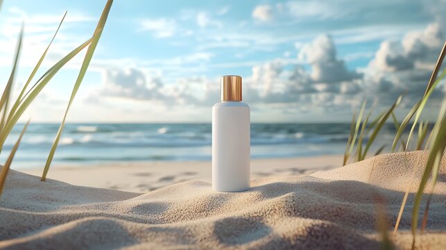 3D render showcases a white bottle on a sandy beach with ocean and cloudy sky backdrop.