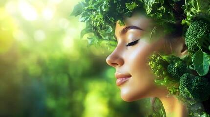 Photograph of a woman with a leafy green broccoli head integrated into her hair against a bright green backdrop.