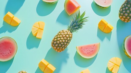 Photograph of digital flat lay composition featuring a pineapple and watermelon slices on a pale blue background.