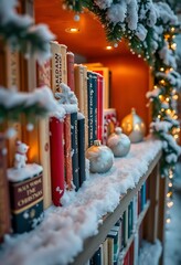 row of books sitting on top of a shelf covered in snow