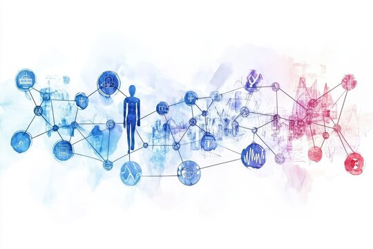 Watercolor Healthcare Network Interconnection - Symbolizing global healthcare, connectivity, patient data, network security, and data sharing for improved patient care