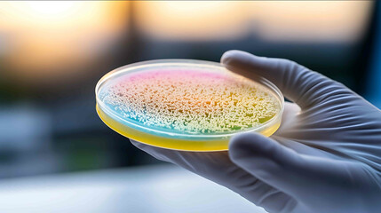 Closeup of chemical reactions in a petri dish biochemists discussing findings vibrant lab colors high contrast