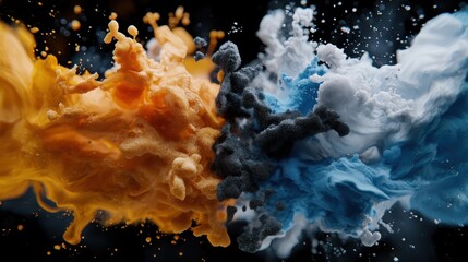 Vivid clouds of orange, blue, and black smoke blend together, creating a striking visual effect. The elements swirl energetically against a dark background, emphasizing contrast and movement